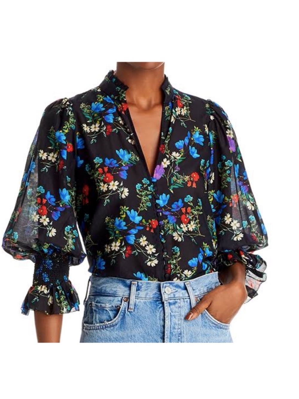 NWT Alice + Olivia Black Floral Beautiful Blooms Ilan Blouse Small